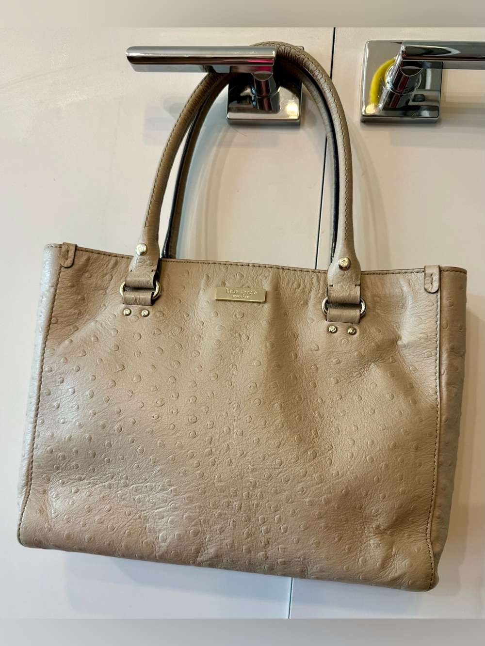 kate spade Beige Ostrich-Embossed Leather Tote Bag